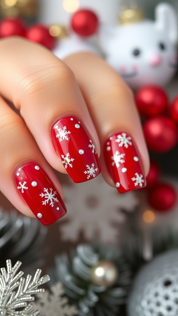 Elegant Christmas nails with red base, white snowflakes, and gold accents.